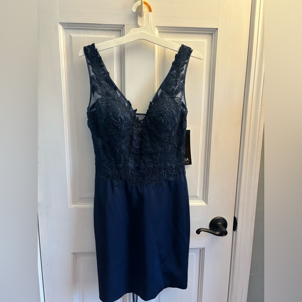 Size 8, Aria Couture, Navy Blue formal dress with floral and sparkle design